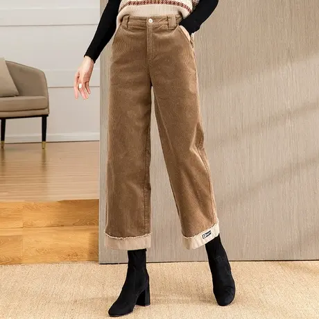 灯芯绒裤子女秋冬2023新款高腰阔腿裤妈妈条绒女裤休闲九分直筒裤商品大图