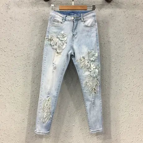 春夏新款时尚欧货个性潮亮片镶钻刺绣显瘦紧身九分牛仔小脚铅笔裤商品大图