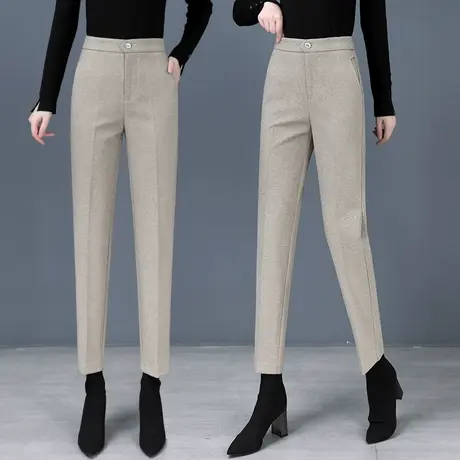 毛呢西装裤女冬季小个子高腰小脚西裤呢子加厚百搭休闲烟管裤卡其图片