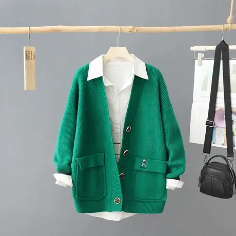 秋装新款文艺纯色宽松长袖针织开衫休闲大码V领外套毛衣女装上衣图片