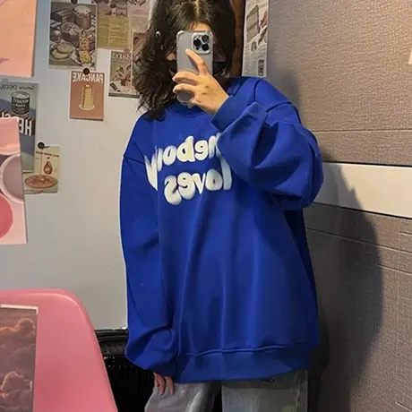 克莱因蓝卫衣女2021秋冬ins设计感小众上衣宽松韩版加绒加厚外套商品大图