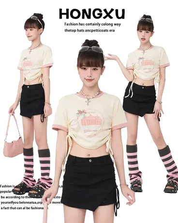 红续日系正肩撞色圆领侧面抽绳绑带短袖短款T恤修身显瘦甜辣风图片