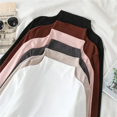 半高领打底衫春秋冬修身白色长袖t恤女韩版紧身薄款纯色内搭上衣图片