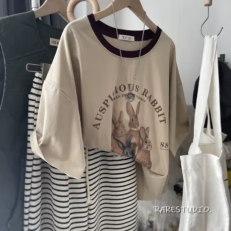 复古兔子印花宽松慵懒休闲包边领显瘦洋气大版柔软棉短袖T恤韩系图片