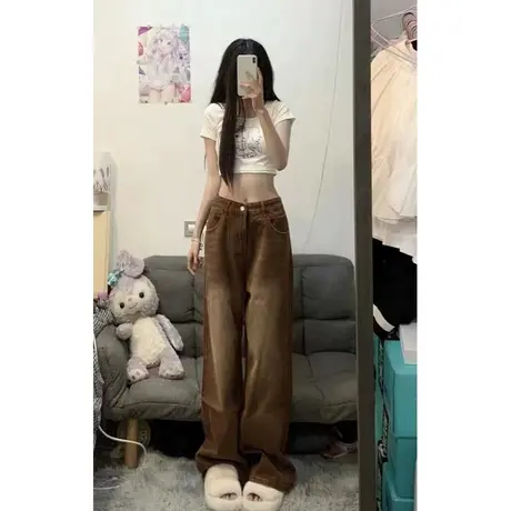 2023年新款春秋美式复古棕色牛仔裤女宽松直筒阔腿裤子潮ins高街图片