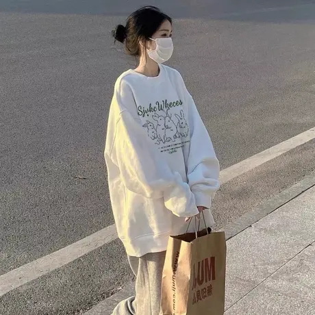 设计感卫衣女秋冬加绒加厚ins潮牌国潮宽松大码兔年本命年上衣服商品大图