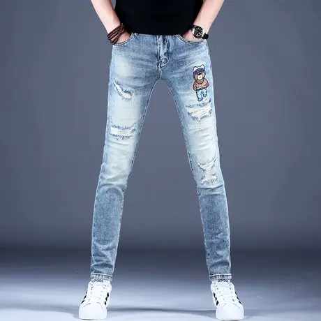 男士刺绣破洞牛仔裤男款秋款潮流裤子2023新款韩版潮牌流修身小脚商品大图