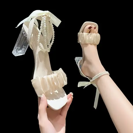 网纱高跟鞋女夏季2023年新款粗跟水晶法式仙女珍珠罗马凉鞋ins潮图片