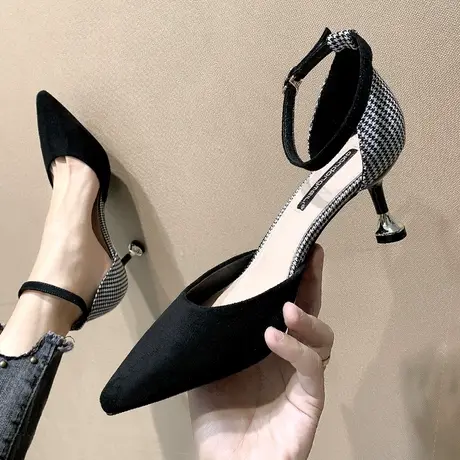 拼色格子高跟鞋女细跟2020夏新款百搭一字扣带尖头少女单鞋ins潮商品大图