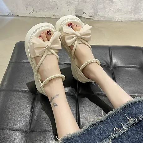 仙女凉鞋温柔风2023夏新款韩版甜美珍珠一脚蹬厚底松糕甜美度假鞋商品大图