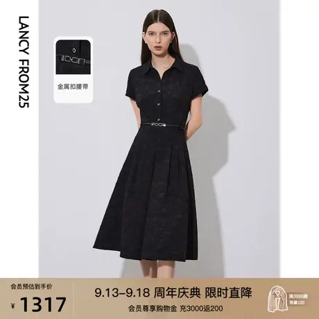 朗姿高级感气质显瘦黑色修身收腰连衣裙2023春秋季新款法式衬衫裙图片