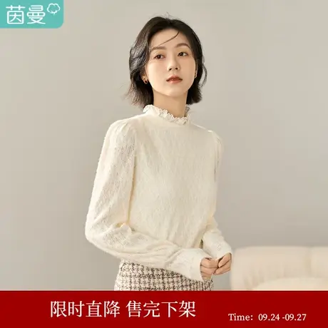 【商场同款】茵曼2022冬女装新款田园复古蕾丝加绒泡泡长袖T恤图片