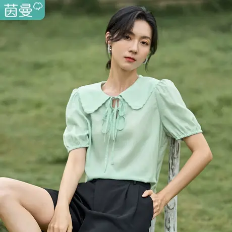 茵曼娃娃花边翻领衬衫女士2023年夏季新款泡泡袖系带甜美短袖衬衣图片