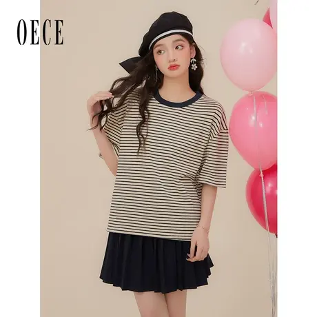 Oece早春新款上衣女2023年新款条纹T恤短袖内搭打底小衫商品大图