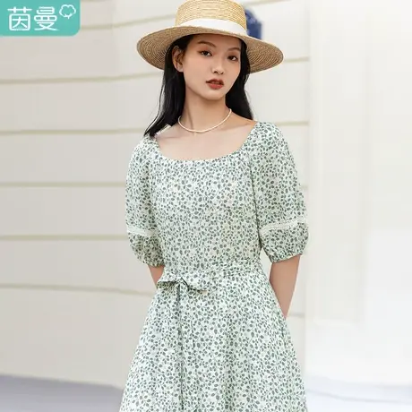 茵曼2023夏装新款清新花朵枝叶印花松紧袖口镂空织带裙摆连衣裙图片