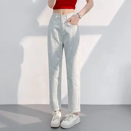 时尚烫钻牛仔裤女夏季九分微垮哈伦裤松紧高腰宽松直筒烟管休闲裤商品大图