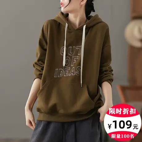 dza 复古纯棉连帽加绒卫衣女士2022秋冬新款宽松短款加厚长袖上衣商品大图