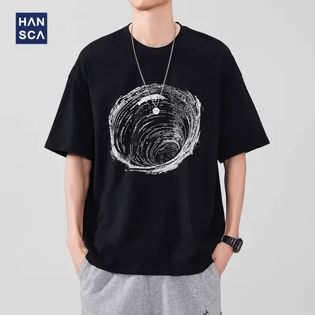 hansca 250g重磅针织纯棉短袖T恤男2025夏季撞色潮牌印花半袖上衣商品大图