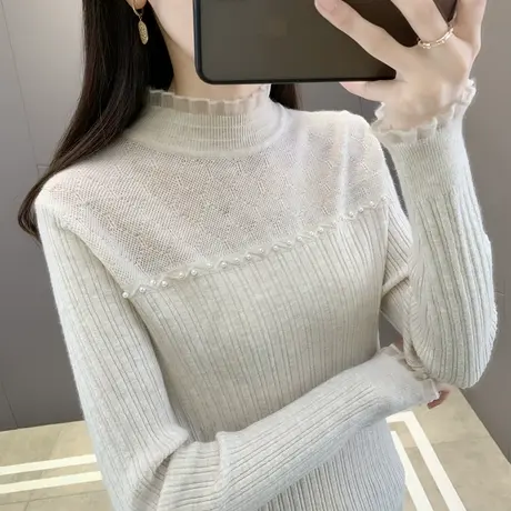 打底衫女秋冬装高领针织毛衣钉珠半高领内搭时尚洋气新款蕾丝上衣商品大图