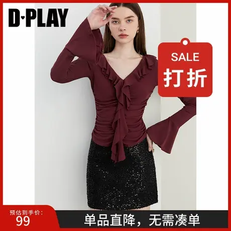 DPLAY【惠品】秋季法式风红色v领荷叶边弹力t恤修身上衣女图片