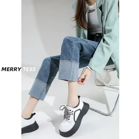 复古蓝撞色烟管牛仔裤女夏2023年秋季新款修身百搭显瘦九分直筒裤商品大图