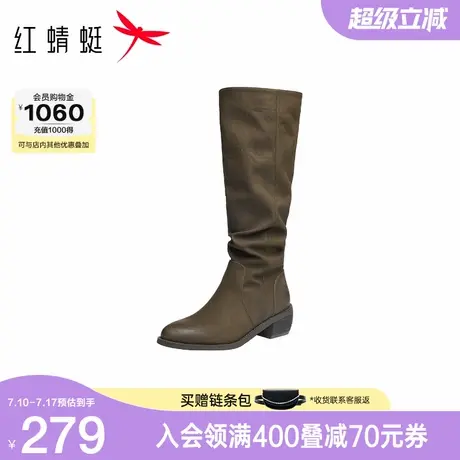 红蜻蜓弹力靴2025秋季新款女鞋复古套筒西部靴瘦瘦靴通勤堆堆靴女商品大图