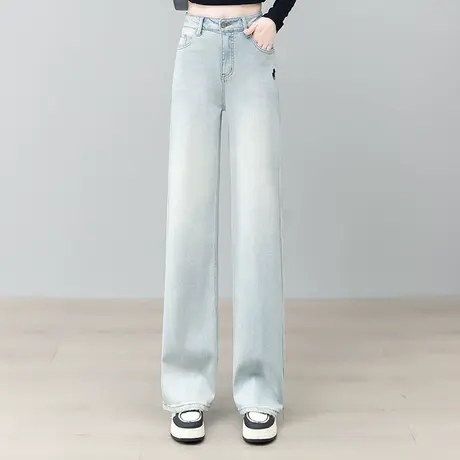 拉夏贝尔浅蓝直筒牛仔裤女2025秋新款高腰显瘦宽松垂感窄版阔腿裤商品大图