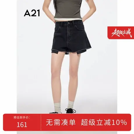 A21女装黑色水洗做旧毛边牛仔裤2025夏新款简约休息宽松阔腿短裤商品大图