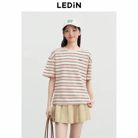 【昕怡粉丝专享】乐町多色条纹宽松短袖女小落肩圆领上衣少女T恤商品大图