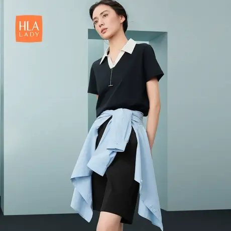 HLA/海澜之家商务通勤短袖Polo2024夏季新款时尚V领凉感女装商品大图