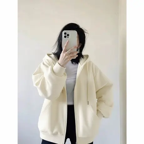 NOW真维斯连帽卫衣女2025新款春秋季休闲宽松慵懒风外穿拉链外套图片