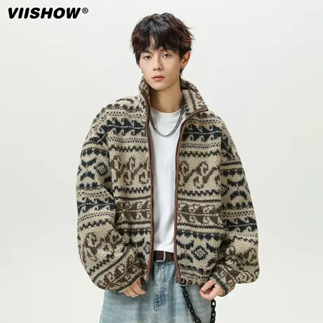 VIISHOW2025冬美式复古拼接腰果花羊羔毛棉衣加厚棉服外套男女潮商品大图