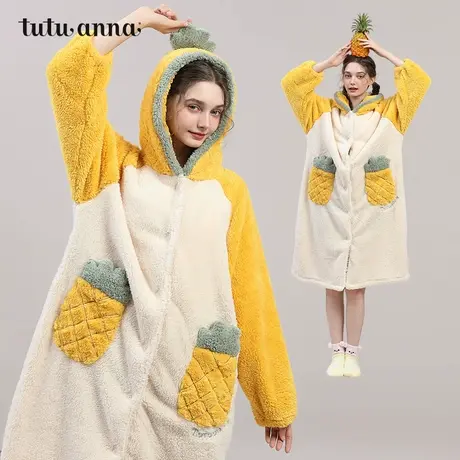 tutuanna秋冬女士珊瑚绒睡衣 加厚保暖菠萝连帽长款睡袍家居服女商品大图