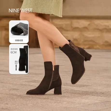 Nine West/玖熙巴恩风加绒短靴女冬新款棕色瘦瘦靴粗跟时装靴图片