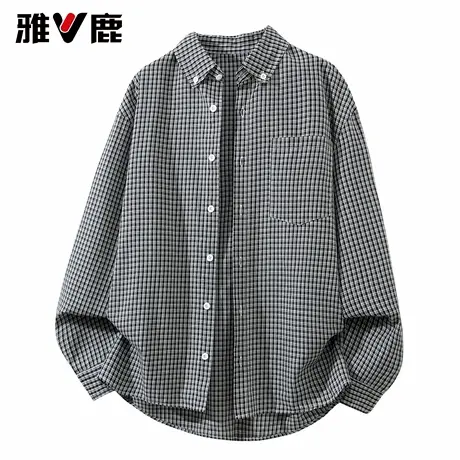 雅鹿2026春季新款宽松开衫男翻领长袖格子衬衫男舒适衬衣图片
