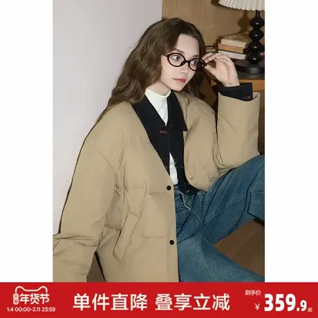 唐狮冬季羽绒外套女款翻领牛仔拼接假两件短款韩系高级感羽绒服图片