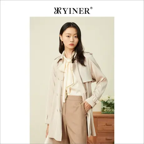 YINER音儿专柜女装2022春季新款时尚双排扣西装领风衣商品大图