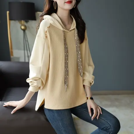 宝诗黎连帽抽绳宽松卫衣外套女2023新款棉质套头上衣百搭慵懒秋装商品大图