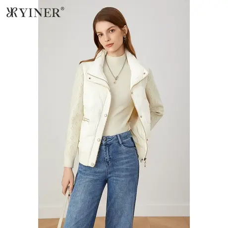 YINER音儿女装2021秋季新款针织袖拼接短款羽绒服商品大图