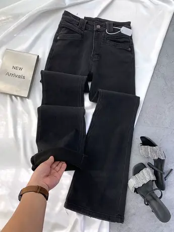 韩版加绒加厚牛仔喇叭裤女2023秋冬新款显瘦百搭高腰微辣马蹄长裤商品大图