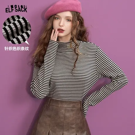 妖精的口袋高领条纹打底衫t恤女2023冬新款刺绣修身长袖内搭上衣商品大图