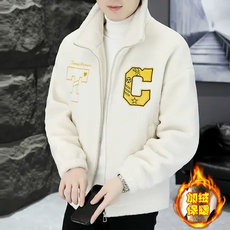 潮牌冬装羊羔毛袄子男士加绒加厚摇颗粒绒夹克外套情侣保暖棉衣服图片