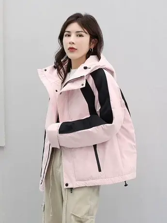 撞色冲锋衣羽绒服女2023秋季新款高级设计感棒球服百搭连帽外套潮图片