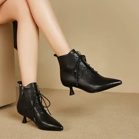 米色高跟短靴2023新款牛皮系带秋冬法式复古软皮细跟尖头及裸靴女图片