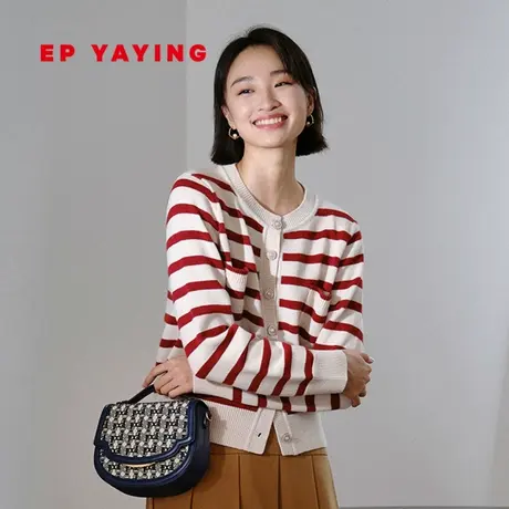 EP雅莹女装 羊毛红色小香风条纹针织开衫毛衣 2023秋冬新款9148A图片