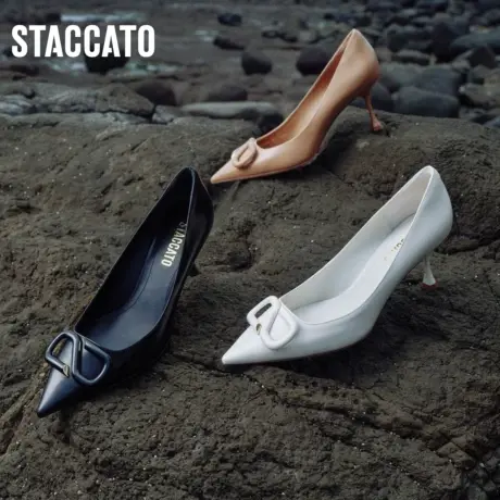 思加图新款曜黑音符鞋奶油鞋细高跟鞋通勤女单鞋ED367CQ3图片