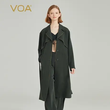 VOA深松绿30姆米重磅桑蚕丝平驳领长袖单排扣绑带气质真丝风衣商品大图