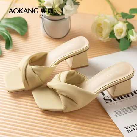奥康女鞋 潮流夏季气质外穿休闲粗跟拖鞋时尚百搭女凉鞋气质女鞋商品大图
