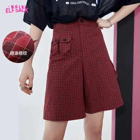 妖精的口袋红色格子短裤女2023夏季新款宽松阔腿直筒显瘦休闲裤子商品大图