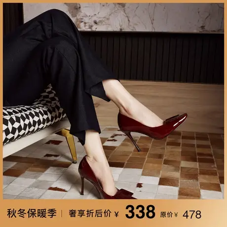 熙漫2023秋冬新款简约漆皮高级感酒红色单鞋法式优雅气质细高跟鞋图片